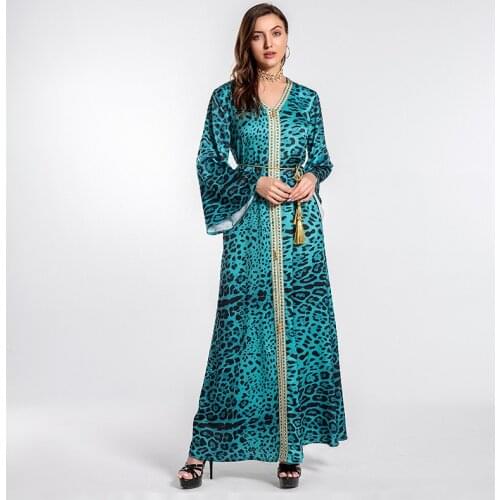 Mandylandy Islamic Clothing Dress Musulman Muslim Dress Women Djellaba Leopard Print Abaya Dubai Djellaba Lace Abaya Robe Dress