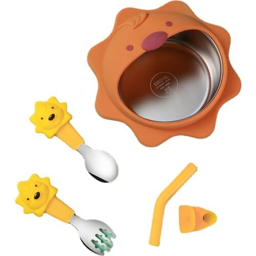 4PCS/Set Baby Feeding Tableware BPA Free Food Grade Silicone Bowl Bib Placemat Fork Spoon Feeding Cup Set Baby Supplies for Kids