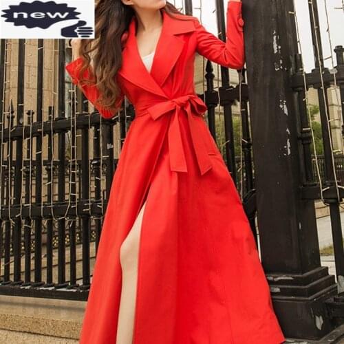 New Fashion Autumn Women Lapel Collar Sashes Maxi Trench Office Ladies Skirt Long Coat Wedding Red Sobretudo Dust Coats