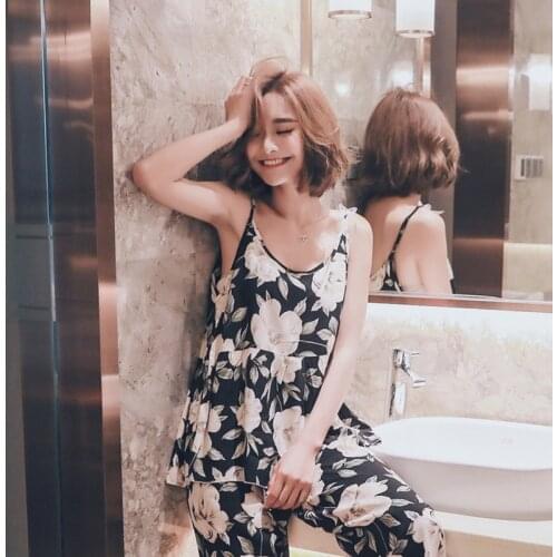 2021 Sexy Women Casual Pyjamas Female Print Homewear Floral Sleepwear Ladies Cotton-Silk Pajamas Sling Wide-Leg Pants Suit