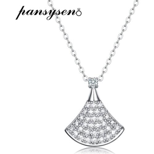 PANSYSEN Luxury Fan Shape Solid 925 Sterling Silver Real Moissanite Pendant Necklaces for Women Girls Wedding Engagement Gift