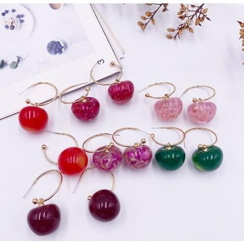 Sweet Transparent Resin Green Yellow Cherry Earrings for Women Gold Color Hook Fruit Cherry Dangle Earrings Statement Jewelry
