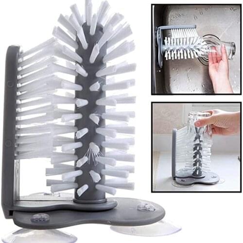 Water Bottle Cleaning Brush Glass Cup Washer with Suction Base Bristle Brush for Red Wine Glass Bar Kitchen Sink Home Tools Grey