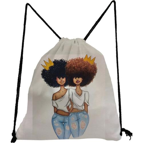 Unisex Preppy Style Storage Bag Afro Girls Sister Print Drawstring Bags Portable Shoe Bag to School High Capacity Backpack Bag