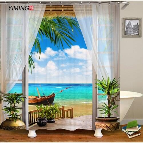 3D Seaside Beach Scenery Bathroom Decoration Shower Curtain Polyester Waterproof Curtain Home Decoration Curtain With hook