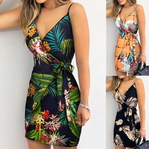 Backless Flower Print Halter V Neck Mini Dress Women Summer Vintage Straps Beach Wear Chic Green Ladies Elegant Streetwear 2021