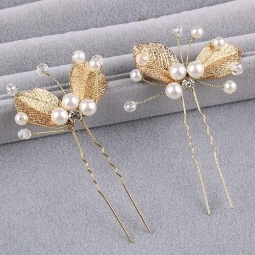1/2/3Pcs Wedding Bridal bridesmaid Pearl Gold Leaf Headpiece Hair Pin Hairpin bridal hair accessories head piece