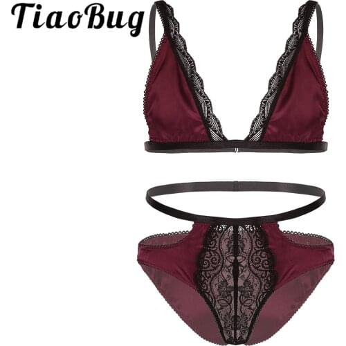 Men Male Erotic Costume Satin Floral Lace Trimming Lingerie Sexy Suits Bra Tops with Low Rise Briefs Male Intimates Underwear