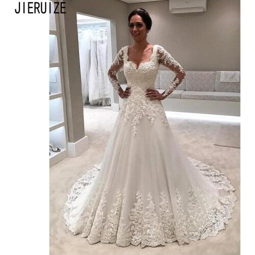 JIERUIZE Vintage Wedding Dresses Square Collar Illusion Long Sleeves Appliques Button Back Church Wedding Gowns robe de mariee