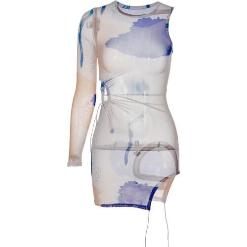 Summer new sexy o-neck see-through side hollow out one-shoulder dress