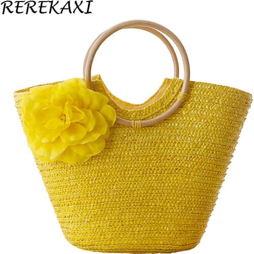 Flower Summer Beach Bag Wheat Pole Weave Womens Handbag Bohemian knitting Straw Bags High Capacity Female Top Handle Totes