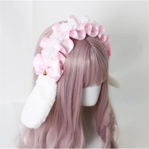 Lolita Handmade Lace Bowknot Lop Ears Rabbit Headband KC Hair Clip Headdress B1735