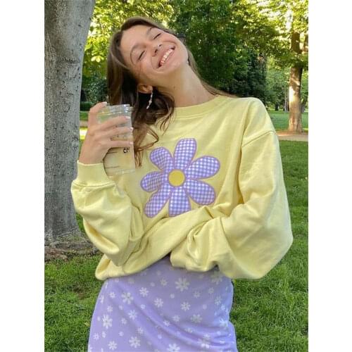 E Girl Y2k Daisy Print Top Korean Purple Plaid Loose Kawaii Sweater Yellow Pullover Grunge Fairy Core 2021 New Autumn Winter Top