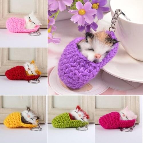 Cute Sleeping Cat Pompom Keychains Women Girls Handmade Woven Faux Fur Kitten key Rings Fluffy Bag Car Pendants Gift Key Chains