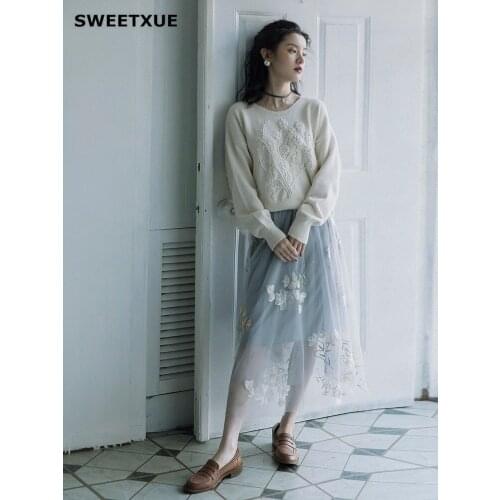 SWEETXUE Cute Kawaii Handmade Hook Flower Solid Color Pullover Sweater + Embroidered Mesh Skirt Elegant Chic 2-Piece Set Womens