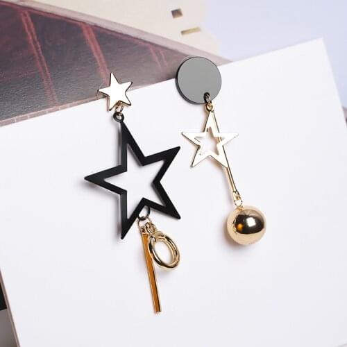 Fashion Women Personality Jewelry Geometry Asymmetry Black Five-pointed Star Metal Tassel Stud Earrings Gifts Jewelry