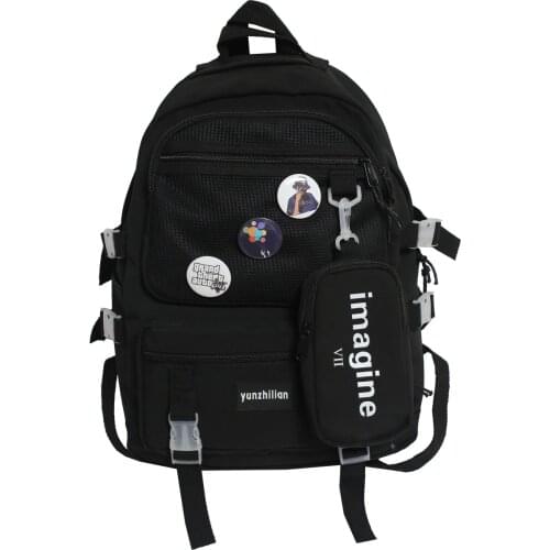 Fashion Womens Backpack Cute Badge Pin Solid Color Nylon Schoolbag For Girls Large Capacity Backpack With Many Pockets Rucksack