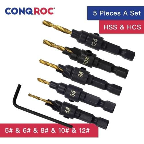 5 Pieces Titanium Coated Countersink Drill Bit Set 1/4 Inch 6.35mm Hex Shank Woodworking Pilot Holes Drill Bits Kit for Screw