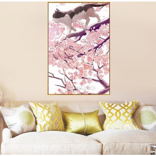 Wall Art Prints Poster Japanese Style Cherry Blossom Landscape Canvas Painting Cat Pink Posters And Prints Living Room