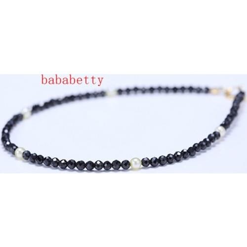 Natural Simple Tiny Shining Black Spinel 2-3MM Freshwater pearl 3-4MM Bracelet 7" 925 sterling Silver clasp