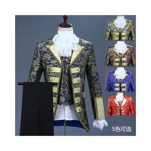 2021 Newest Fashion Groom Wedding Suit Retro European Drama Performance Costume Slim Fit Gold Man Prom Party Jacket Vest Pants