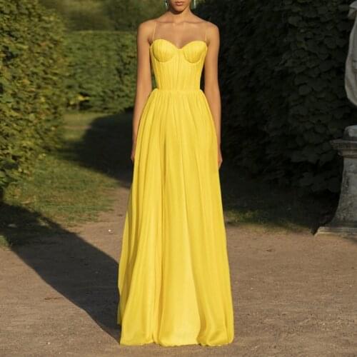 Sexy Yellow Spaghetti Strap Long Party Dresses for Women 2021 Summer Runway Elegant Vintage Draped Strapless Maxi Dress Female