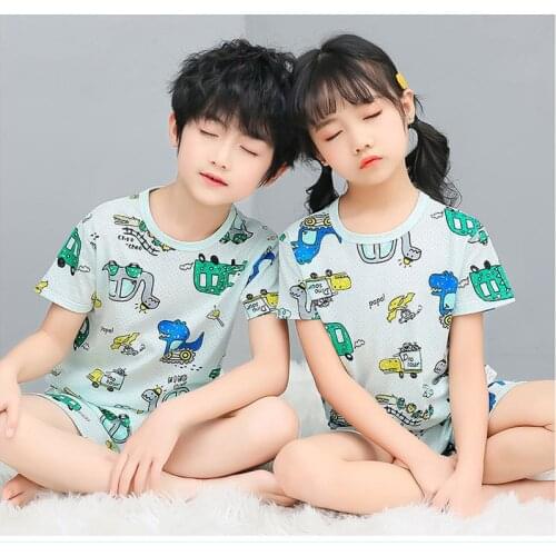 Boys Girls Pajamas New Summer Short Sleeve Childrens Clothing Dinosaur Print Sleepwear Cotton Pyjamas Sets For Kids 2 -11 Years