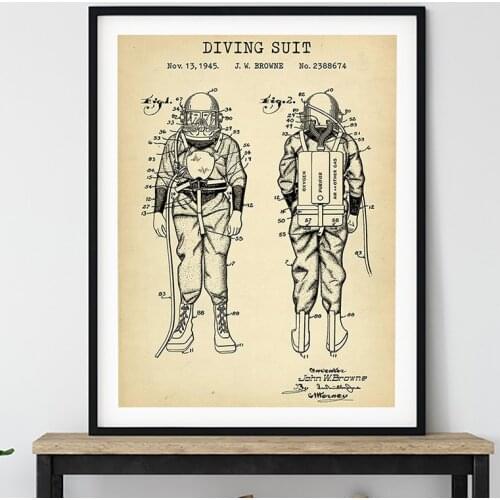Swimming Patent Print Steampunk Vintage Poster Nautical Decor Diving Suit Blueprint Art Canvas Painting Wall Pictures Diver Gift