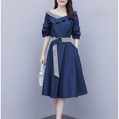 Spring summer Dresses Women Casual Mid-Length Half-Sleeve Plus Size Ruffle Dress Female fashion Loose Waist Belt Vestidos H1383