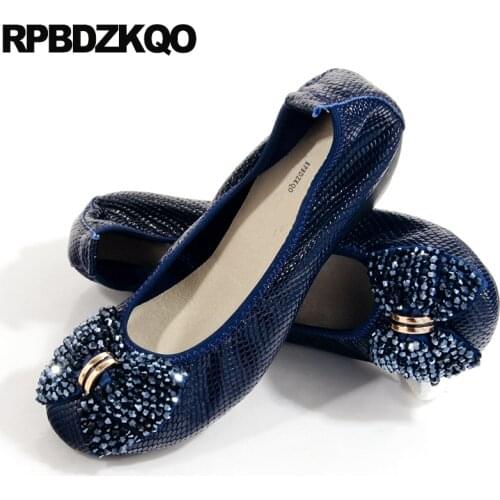 Large Size Crystal Elderly Navy Blue Snake Foldable Ballet Flats Patent Leather 42 Shoes Bow Ballerina 10 Diamond Wedge Women