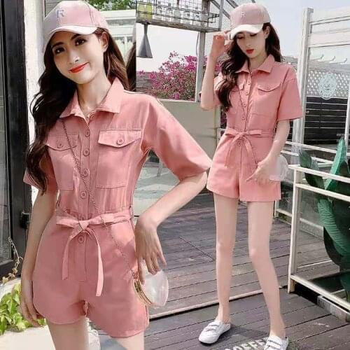 New Summer Woman Clothing Sweet Pink Purple Overalls For Women Slim Mid Waist With Bandage Female Jumpsuit With Short Sleeve