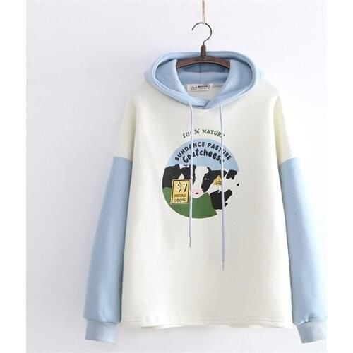 Merry Pretty Womens Cartoon Cow Patchwork Hoodies Sweatshirts 2020 Winter Warm Long Sleeve Harajuku Hooded Tracksuit Pullovers
