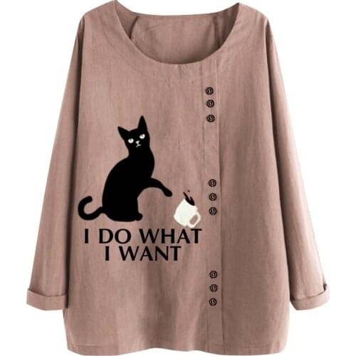 Women Tops And Blouses Summer Fashion Cat Prined O Neck Long Sleeve Plus Size Casual Shirts Cotton Linen Loose Blouse Femme