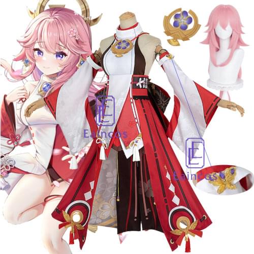 Game Genshin Impact Yae Guuji Cosplay Costume Wigs Shoes Dress Party Outfit Uniform Women Halloween Carnival Costumes