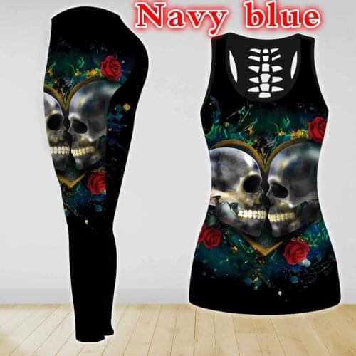 2021 Summer Women 2pcs Clothes Womens Hollow Vest+Leggings Sports Casual Set New Skull Flower Printing Two-Piece Clothing Suit