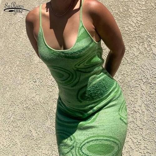 2021 Women Green Summer Hollow Out Sexy Sleeveless Dress Print Knit Bodycon Dress Spaghetti Strap Beach Midi Dresses Party 14620