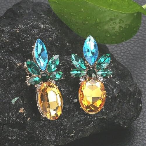 1@# Sell Elegant Hoop Earrings Rhinestone Geometric Pineapple Shape Fruits Color Party Round Loop Earrings for Women Jewelry