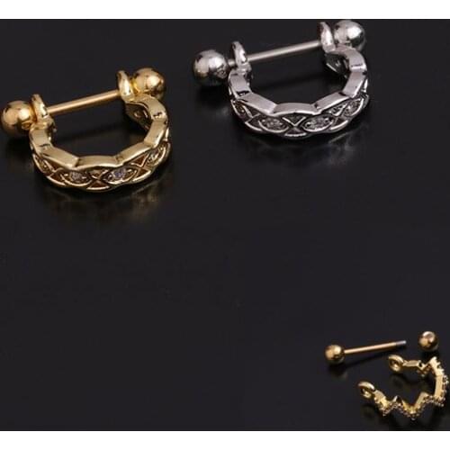 1 PCS Trendy Micro Pave CZ U Shape Circle Ear Bone Stud Cuff Earring Cute Small Twisted Carved Steel Bar Ball Ear Jewelry
