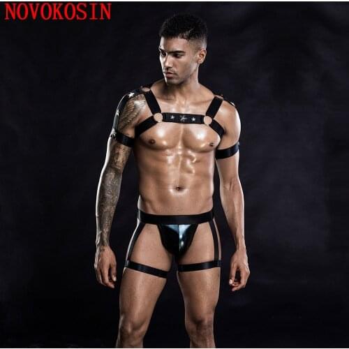2020 Fashion Faux Leather Men Stars Fitness Tie Wild Tops Tees With PU Panties Tanks Open Bra Night Club Sexy Tight Lingerie