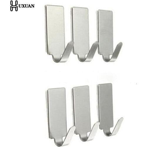 6Pc/Lot Stainless Steel Family Robe Hanging Hooks Hats Bag Key Adhesive Wall Hanger for Bathroom Kitchen