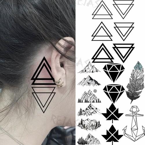 Black Geometry Triangle Temporary Tattoos For Women Adult Mountain Diamond Feather Maple Leaf Fake Tattoo Sticker