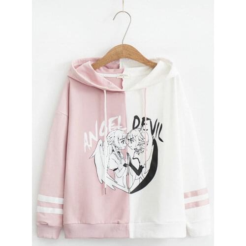 Harajuku Japanese Cartoon Beauty Patchwork Hoodies Women Printed Sweatshirts Loose Long Sleeve Kawaii Hoodie Pullovers