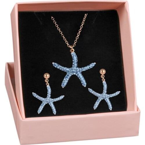 316L Stainless Steel Blue Crystal Starfish Stud Earrings Necklace Set Micro-inlaid AAA Zircon Wedding Jewelry Set No Fade