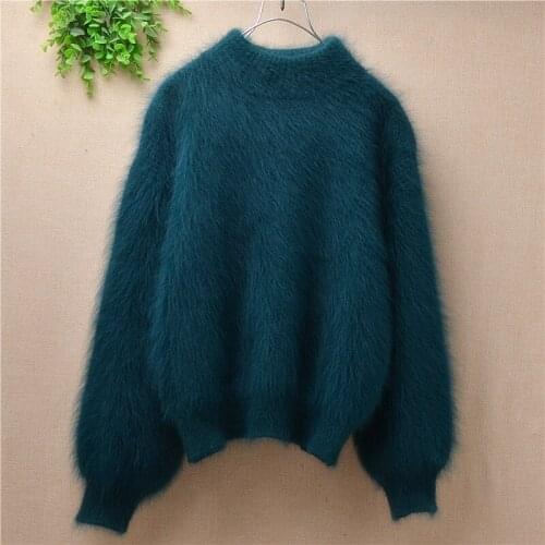 Short women crew neck rabbit hair knitting sweater soft mink cashmere long sleeve small solid color suit fall winter discount