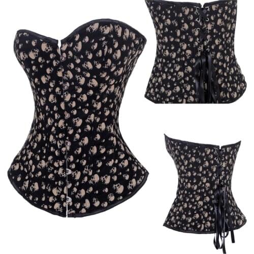Fashion Womens Sexy Brown Overbust Corset with Skull Print Halloween Pirate Costume Dancer Top Pattern Waist Trainer