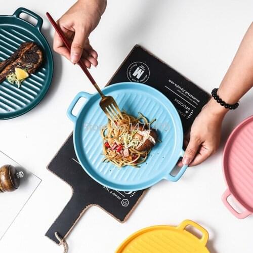Nordic Style Round Household Binaural Oven Plate Ceramic Plate Steak Dinner Plate Microwave Oven Baking Baking Tray WesternPlate