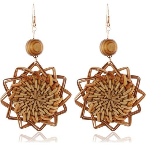 Fashion Accessory Retro Ornament Handmade Earrings Sawteeth Circle Rattan Bead Ear Stud