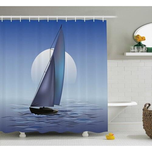 Nautical Shower Curtain Sailing Boat in Moonrise Dramatic Sky Ocean Reflections Wavy Serene Illustration Bathroom Curtains