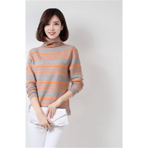 New arrival 100%cashmere turtleneck knit women fashion striped slim pullover sweater S-3XL retail wholesale