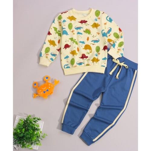Spring Fall 2 Pcs Boys Casual Outfits Animal Print Long Sleeve Round Neck Sweater + Color Block Trousers with Drawstring
